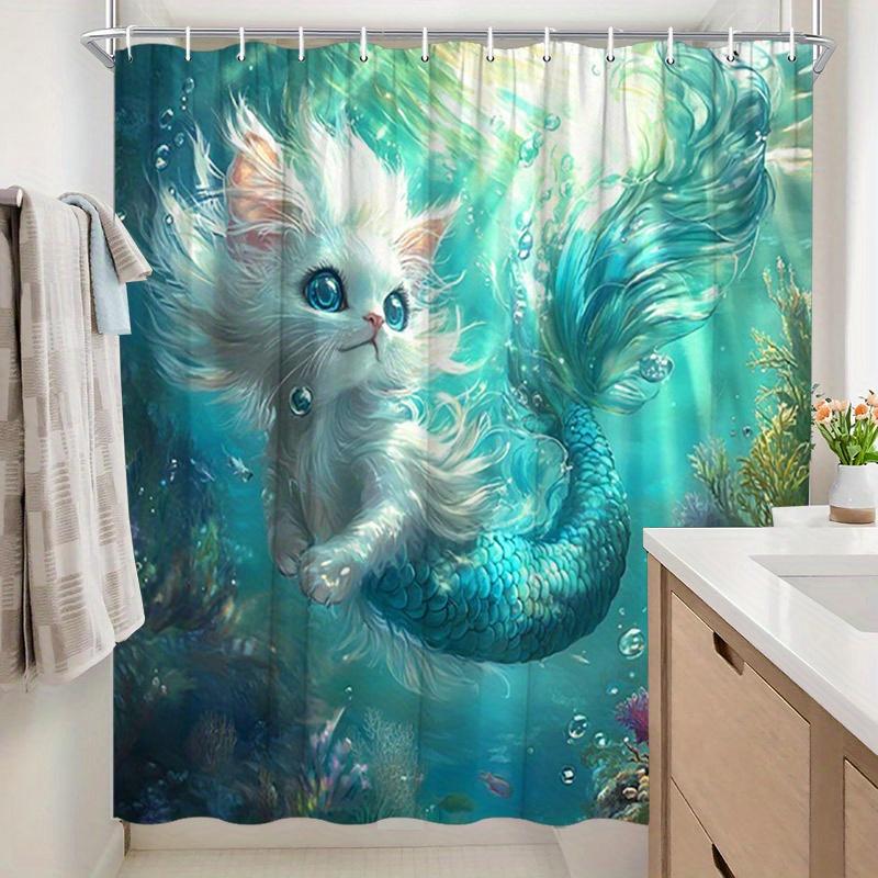 1pc Mermaid Kitten Shower Curtain - Ocean Scene, Fluffy White Cat, Colorful Coral, Polyester,12 Hooks, Enchanting Design