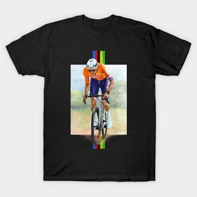 Men Black Print T-shirt Mathieu Van Der Poel Gravel World Champion No-Cut Transfer Paper Print Cotton Tshirt