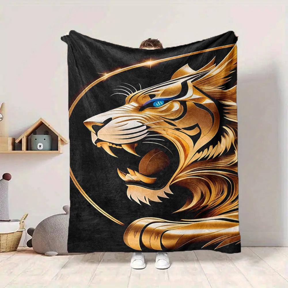 1pc Golden Tiger Head Blanket Lightweight Flannel Blanket Throw Blanket For Sofa, Bed, Travel, Camping, Livingroom, Office yy251015152