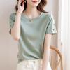 Women Summer New Fashion Versatile Short Sleeve Button Design Comfortable Round Neck T Shirt