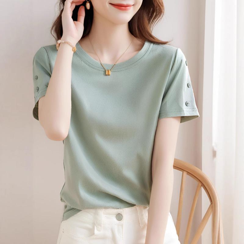 

Women Summer New Fashion Versatile Short Sleeve Button Design Comfortable Round Neck T Shirt S зелёный
