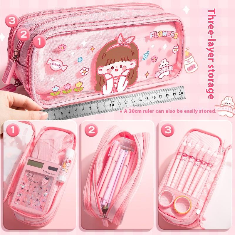 Super Large Capacity Cute Cartoon Canvas Pencil Case High Color Value Primary School Stationery Bag Transparent Plastic Material