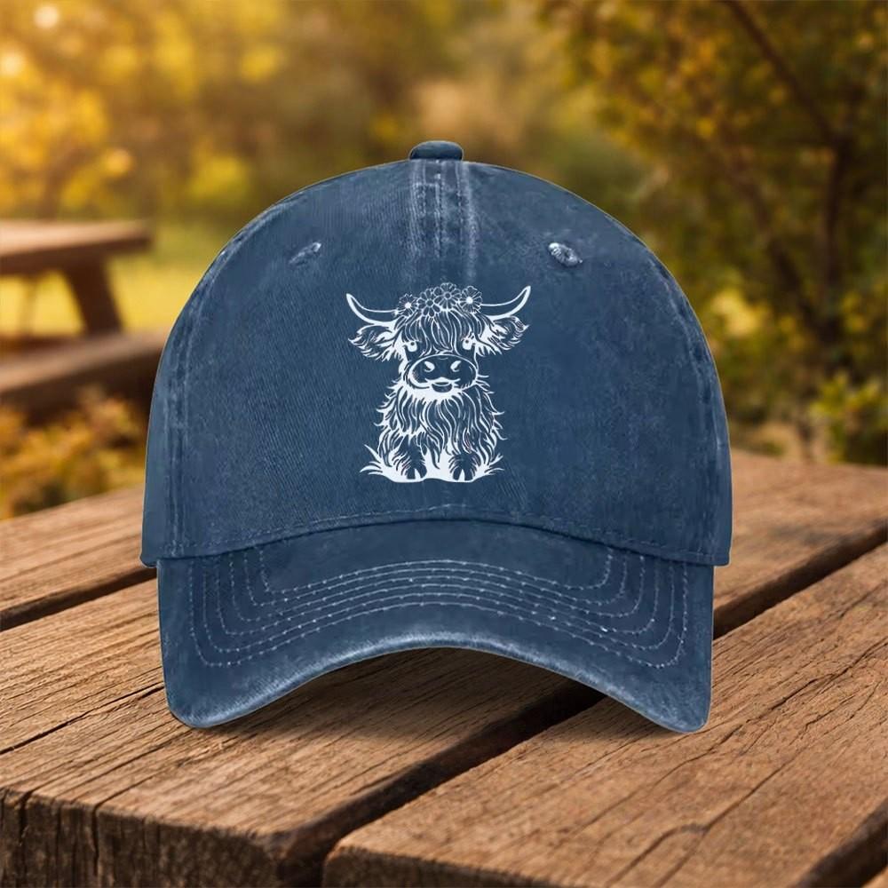Highland Cow Print Baseball Cap Washed Denim Adjustable Outdoor Casual Fashion Hat