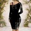 Women Plus Size Asymmetrical Cold Shoulder Long Sleeve Printed Green Black Bodycon Dress