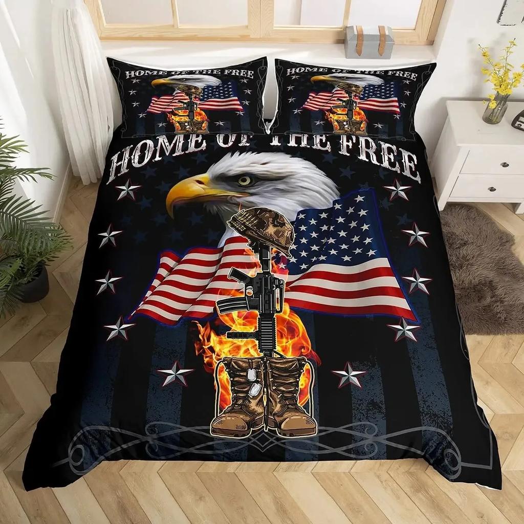 American Flag Duvet Cover Set Queen Size,Bald Eagle Bedding Sets Bird Animals Comforter Cover Waving Flag Bedspread Cover