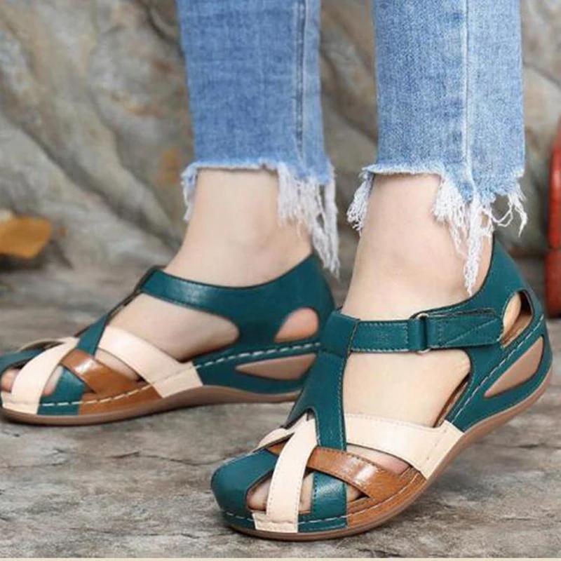 Newly Lollita Orthopedic Plus Sandals PU Leather Retro Arch Support Comfy Round Toe Sandals for Women Toe Protection Design