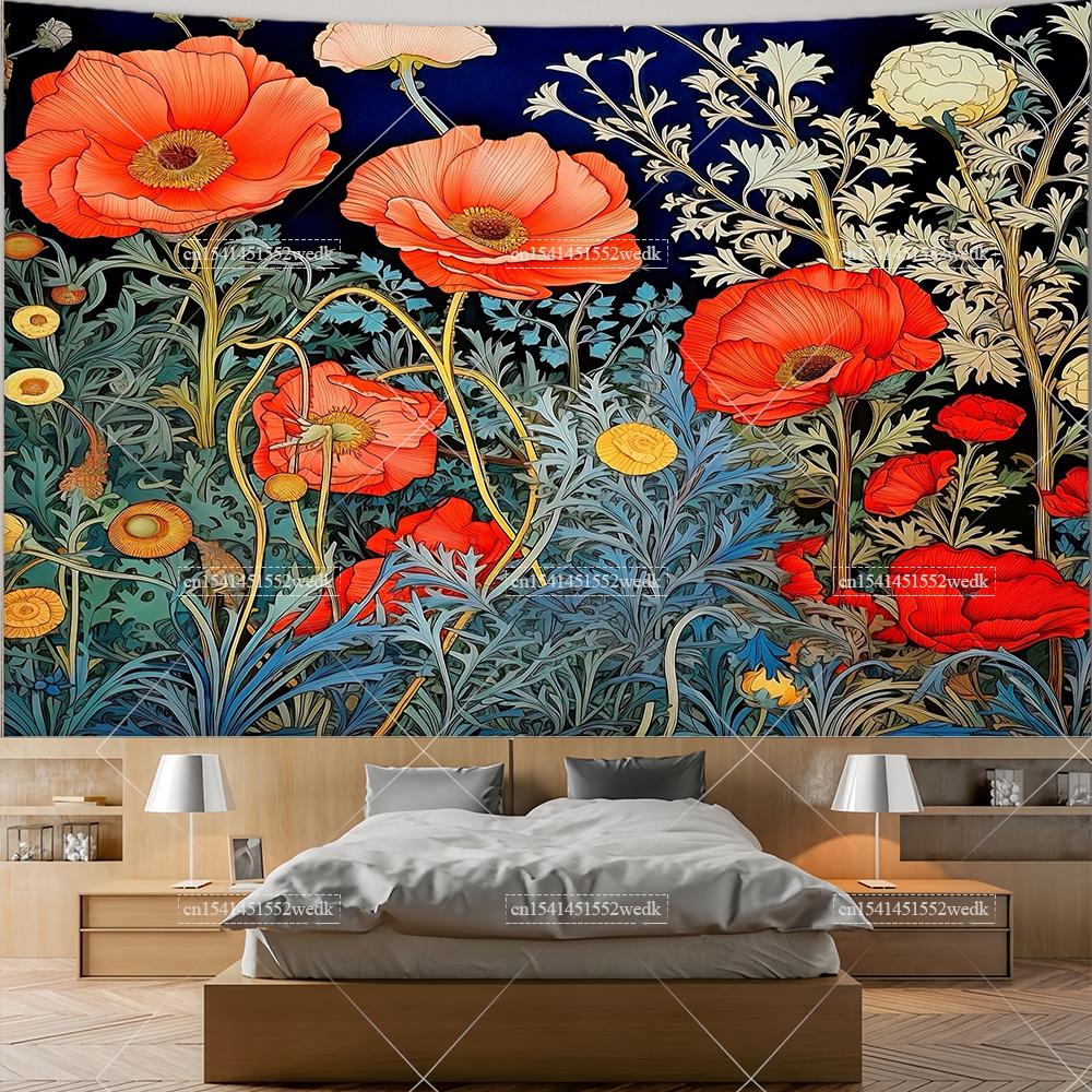 Wildflowers Tapestry Wall Hanging Garden Floral Botanical Tapestries Room Deocr Red Poppies Scenery Photography Background Cloth