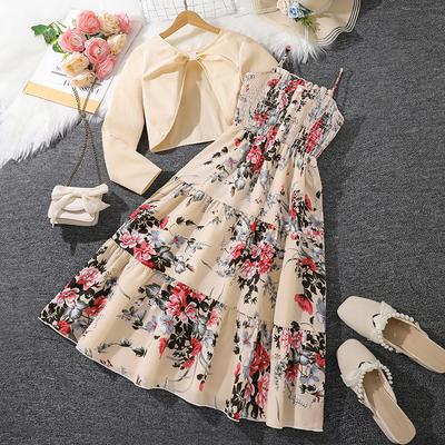 Girls' Dress Spring Children's Sweet Floral Halter Dress Long-sleeved Coat