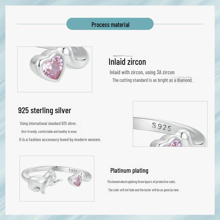 Adjustable Platinum-Plated S925 Sterling Silver Naughty Cat Ring