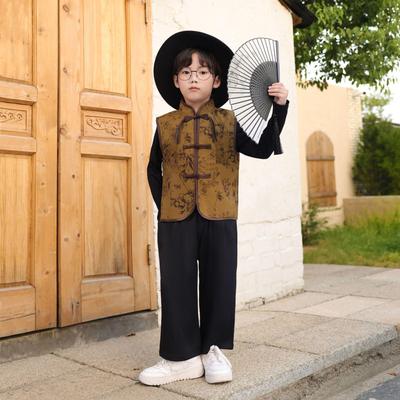 Stand Collar Boys' Vest Set: Pan Buckle Hanfu Jacquard Tang Suit Style
