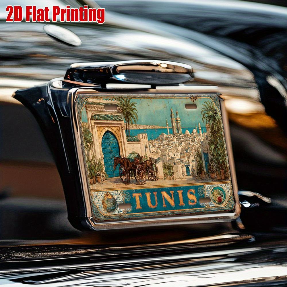 2D Flat Piece, Vintage Metal License Plate, TUNIS Aluminum Logo with Market and Mosque Scene, Suitable for Homes, Bars, Cafes