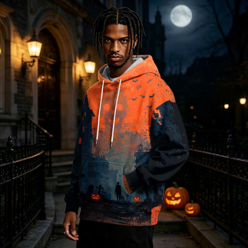 Męska bluza z kapturem z nadrukiem na Halloween, bluza z długim rękawem