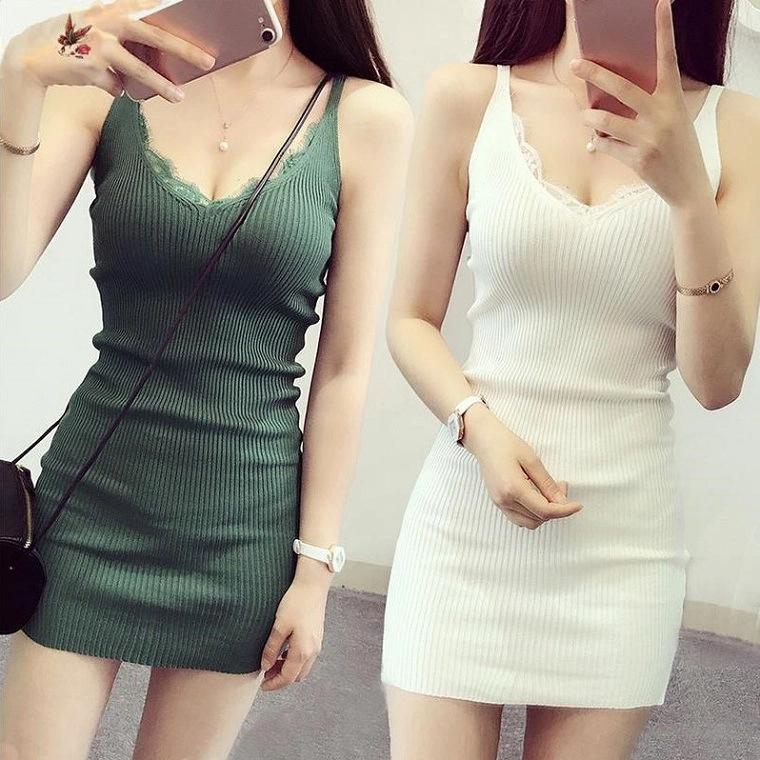 Women Cotton Knit Lace Summer Dress Long Tank Top Vest Casual Sexy Layering Outerwear