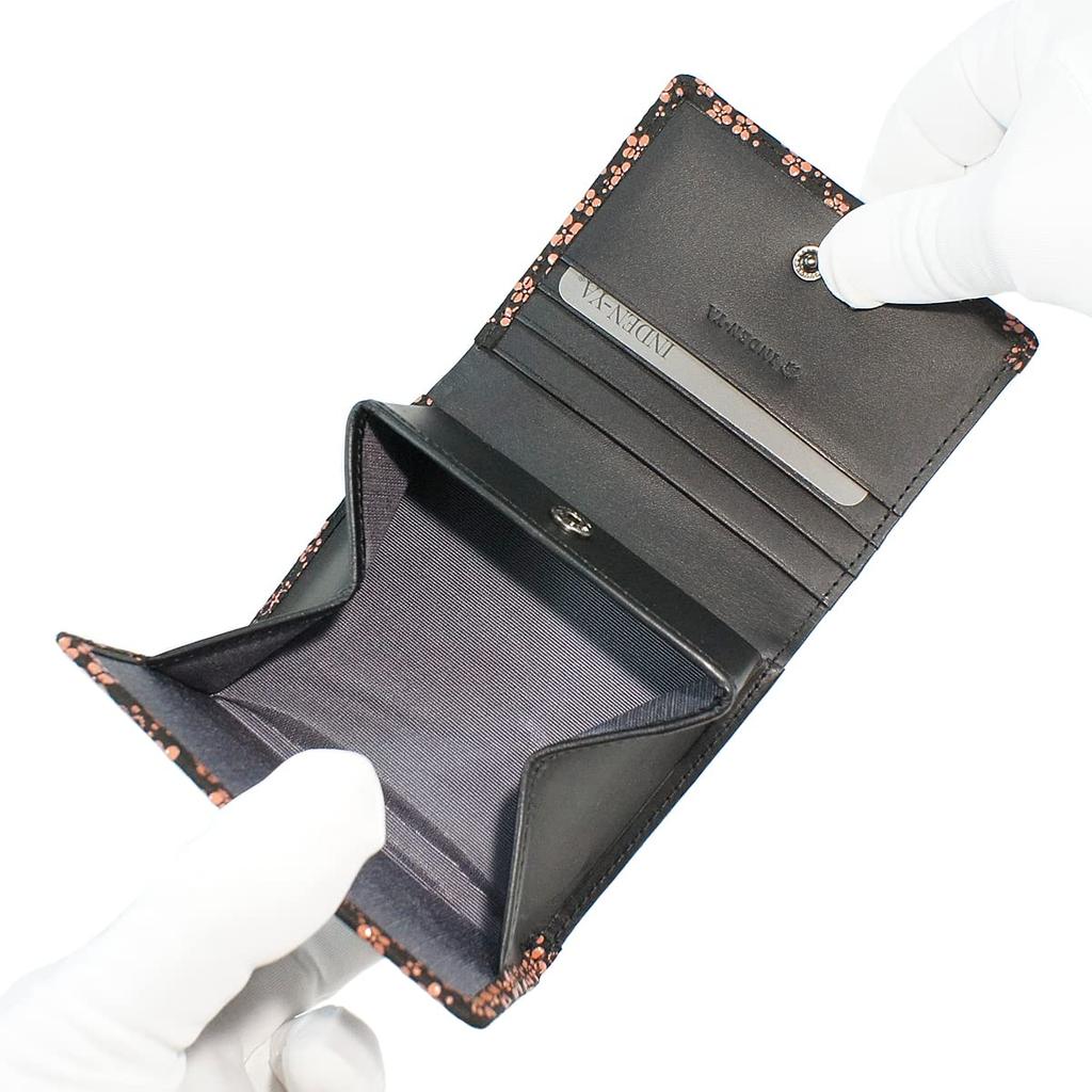 Indenya Inden Bifold Wallet with H-shaped Bill Compartment and Box-Shaped Coin Purse, Deerskin Leather, Black with Pink Lacquer, Forget-Me-Not