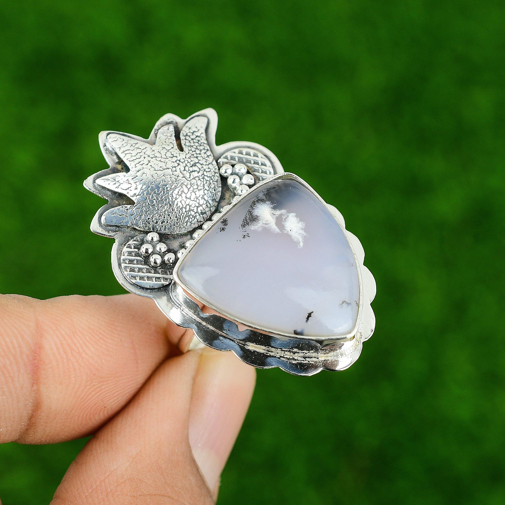 

925 Silver Dendrite Opal Stone Mother Bezel Anniversary Art Deco Statement Ring Adjustable