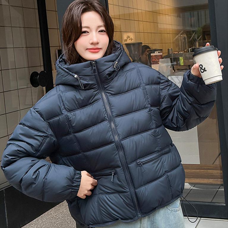 Women Hooded Quilted Puffer Jacket Solid Color Loose Fit Short Winter Coat