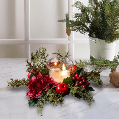 Decorative Artificial Berry Candle Ring Wreath Garland Plastic Tabletop Ornament for Christmas Party and Holiday