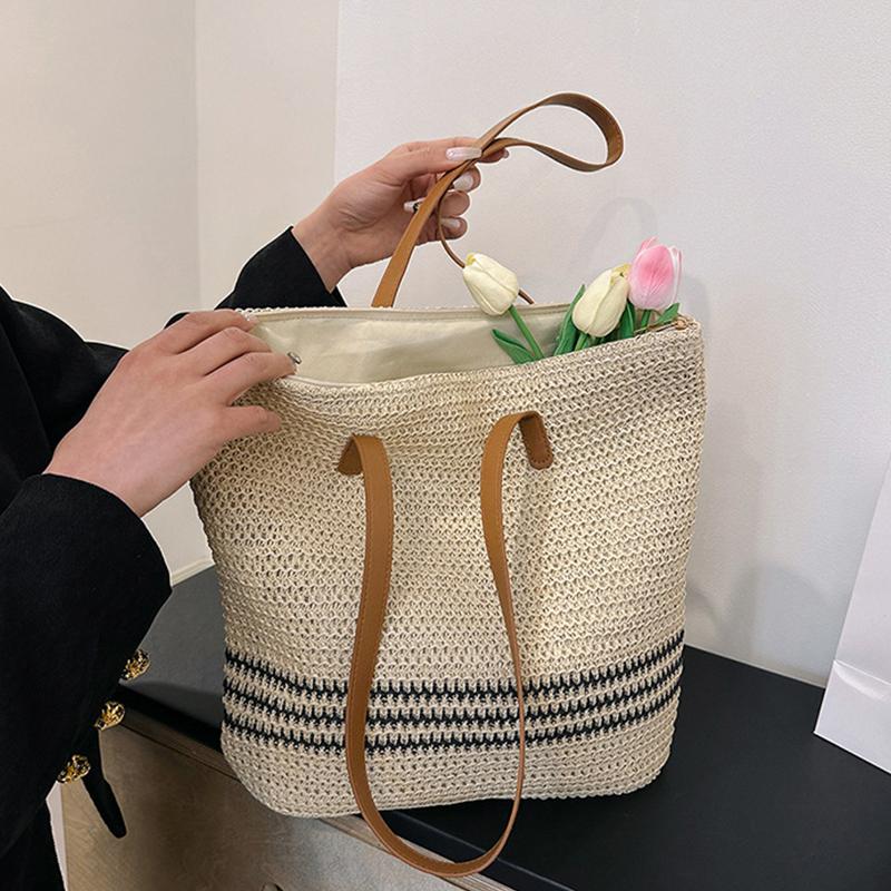 Designer Striped Straw Shoulder Bag Female Fashion Large Capacity Shopping Women's Handbags Summer Leisure Beach Tote Bag