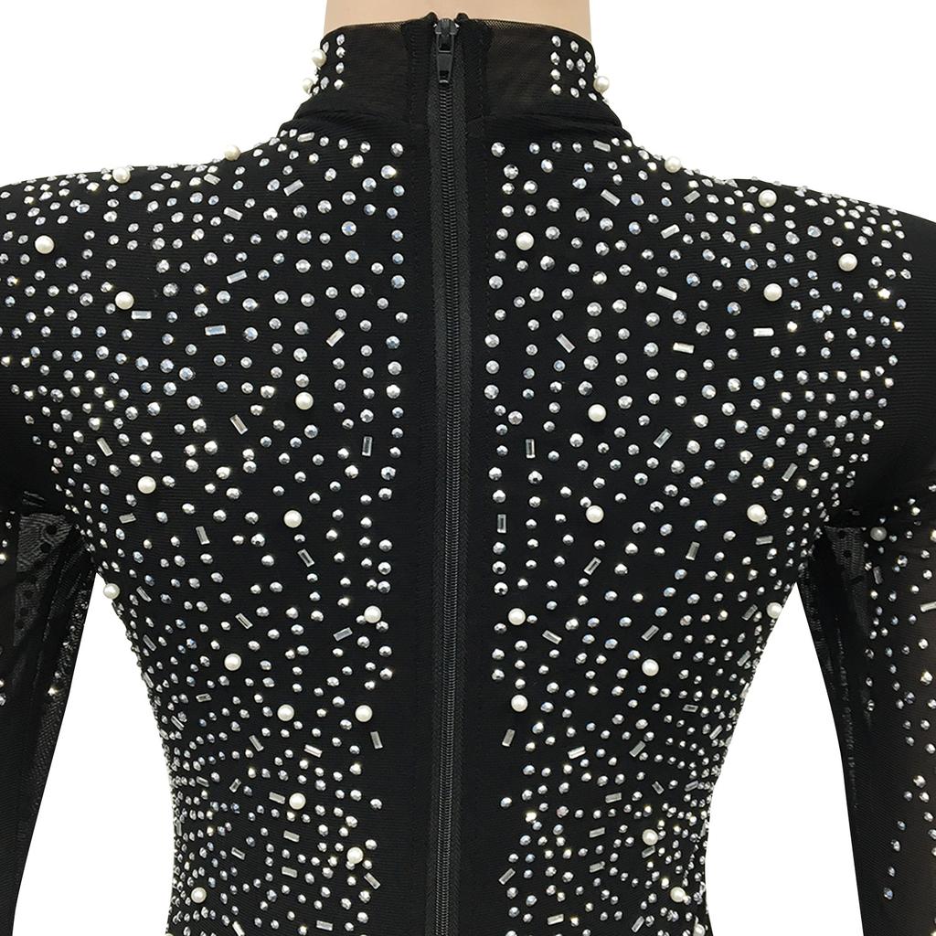 Seksowna sukienka na imprezę w klubie nocnym z głębokim dekoltem w serek, z siateczki diamentowej, przezroczysta, damska odzież