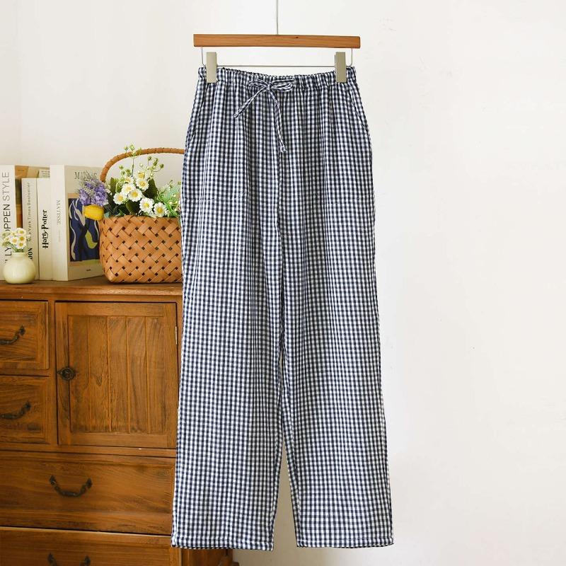 2026 New Spring/Summer Couple Sleeper Pants 100% Cotton Gauze and Women's Pants Simple Checkered Thin Home Pants
