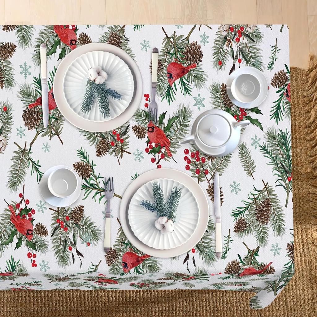 Christmas Pine Cone Needle Berry Birds Rectangle Tablecloth For Table Decor Winter Xmas Dining Table Cloth Christmas Decorations