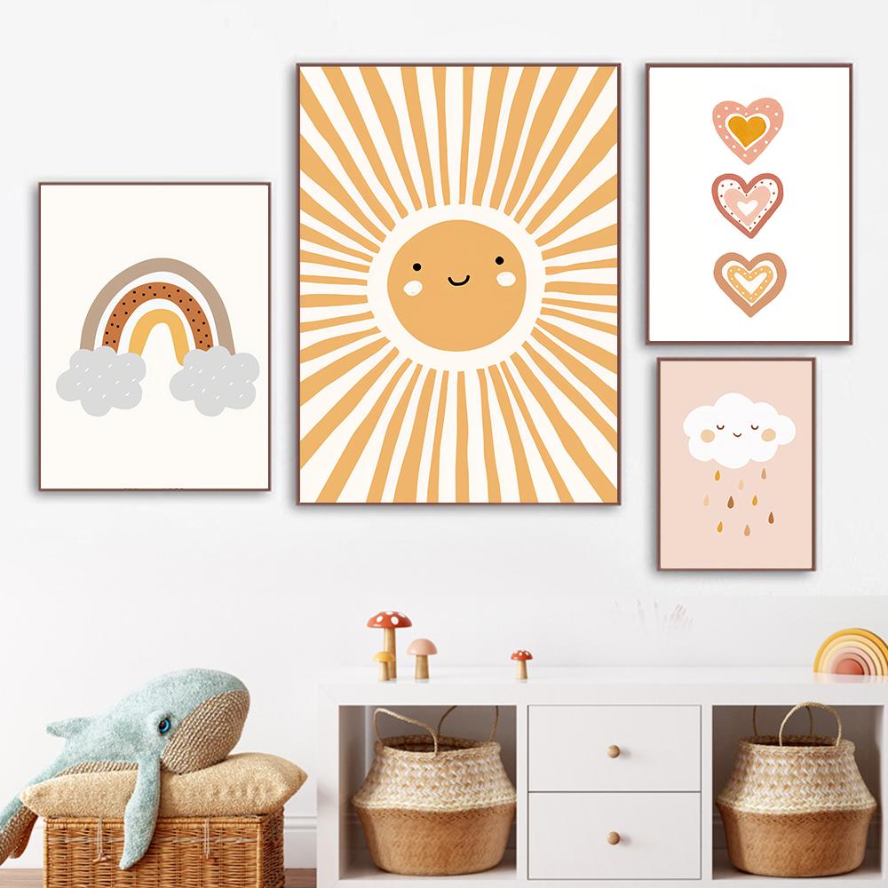 Cute Cartoon Nursery Wall Sun Rainbow Poster Print Animal Kids Room Painting Print Child Little Bear Flower Canvas Home Decor