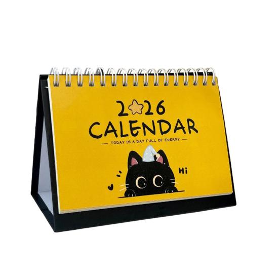 Cat Desk Calendar 2026 Cute Desktop Standing Flip Calendar with Cartoon Black Cat for Home Office Study Workstation