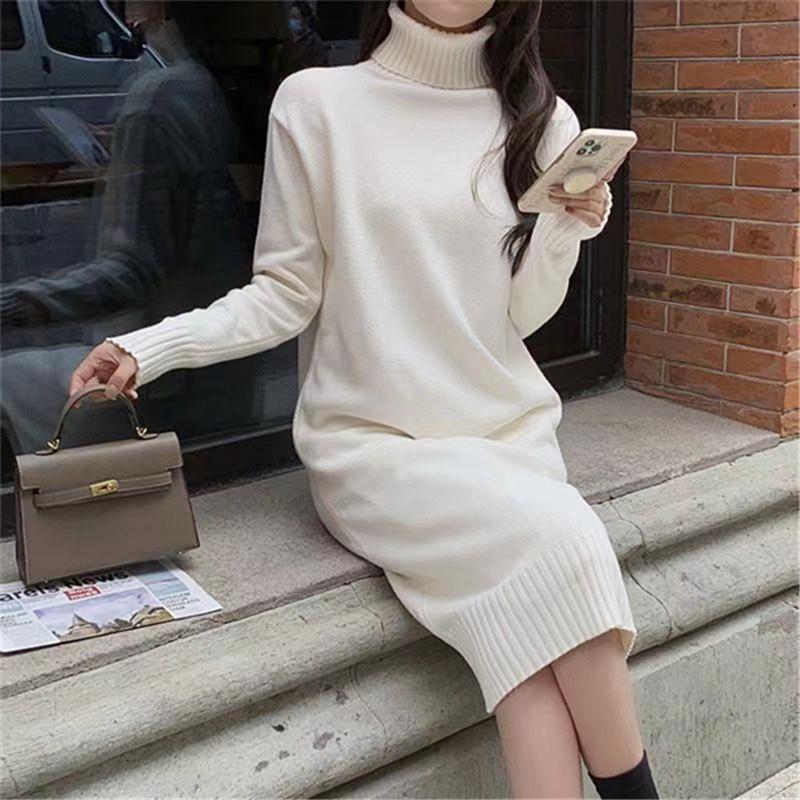 

Women Autumn Winter High Neck Long Sleeve Dress Solid Color Knit Sweater Long Dresses Loose Dress one size білий