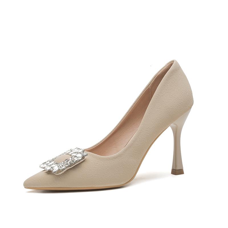 

French high heels women s spring and summer new temperament soft leather non-grinding feet pointed thin heel rhinestone square buckle shoes 40