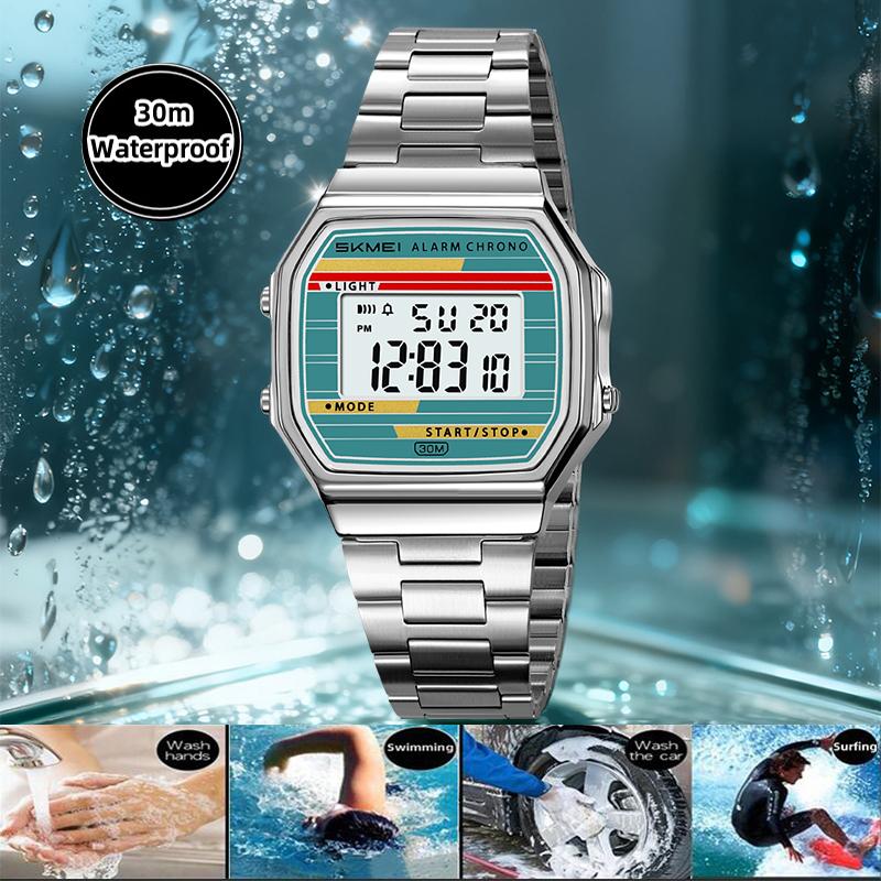Skmei Classical Style Unisex Digital Watches with Date Week Stainless Steel Strap 12 24 Hour Format LED Waterproof Fashion Time