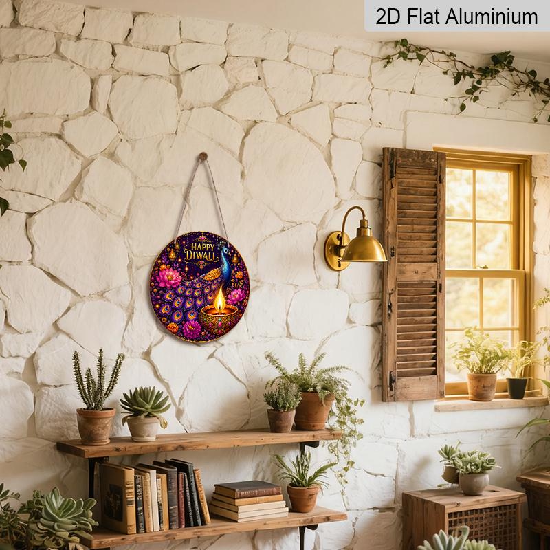 2D Flat, 1pc Round Aluminum Wall Hanging Ornament, Happy Diwali Colorful Peacock Gemstone Diya Lotus Marigold Printed Plaque, Wealth Fortune Blessing
