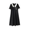 Plus size women clothing [Preppy Black Dress] Contrast Color Doll Collar Embroidered High Waist Belly Covering Summer Short sleeve Dress