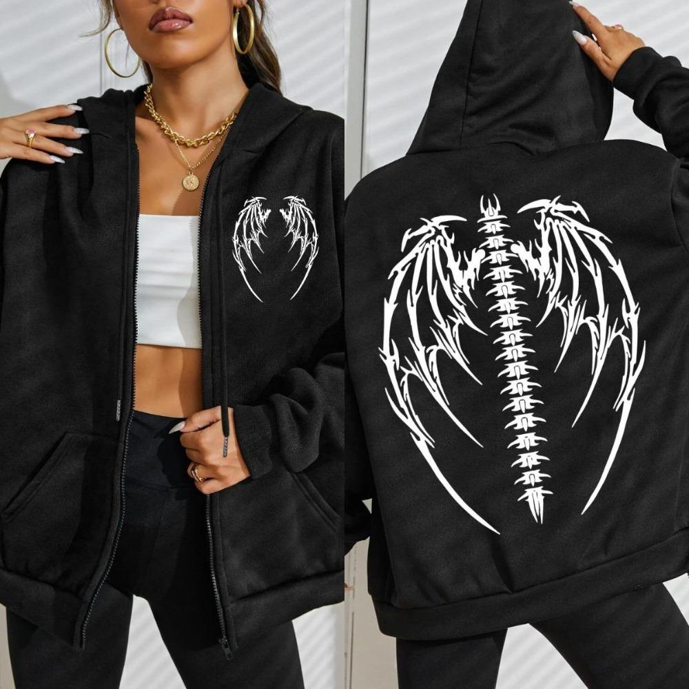 Creative Wings Skeleton Design Print Zipper Hoodie Woman Fashion Fleece Hoody Autumn Sportswear Street Casual Top