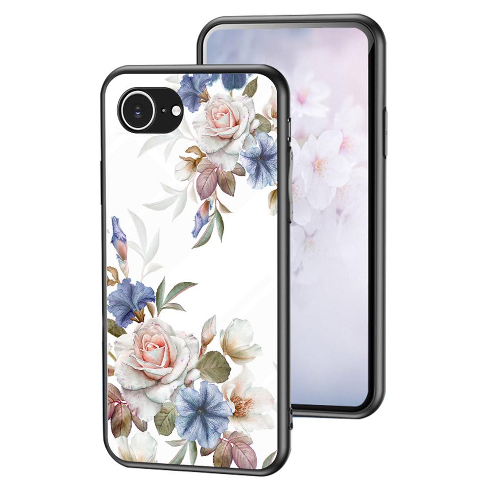 

For iPhone 16e Case Floral Pattern TPU+Tempered Glass Protective Phone Cover White Flower Bush