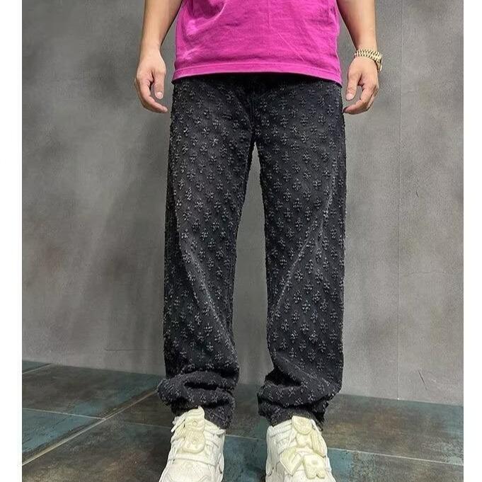 Winter Retro High Street Men's Full Print Jacquard Loose Straight-Leg Jeans