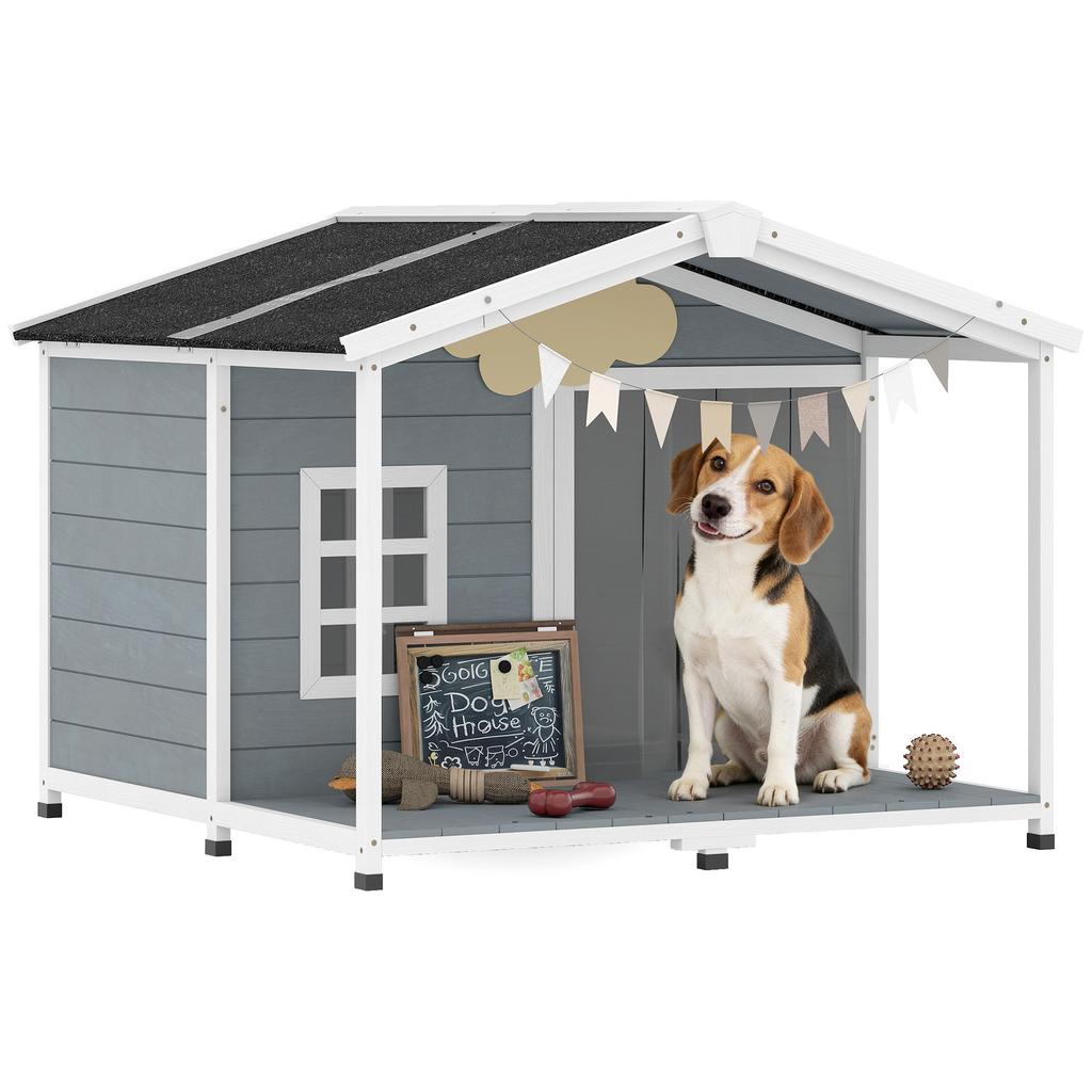 Dog House Weatherproof Elevated Dog House Made of Wood with Asphalt Roof, Terrace, for Medium-Sized Dogs 103x107x83.5cm Grey