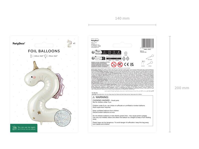 Balon Foliowy Cyfra 2 Jednorożec Kremowy Różowo-Złoty 93Cm
