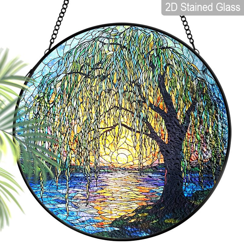 

2D Flat Stained Glass Willow Tree Window Decoration Colored Glass Plate, 7.87inches Nature Tree Hanging Sun Catcher with Chain, Spring Summer Home 7.87inch