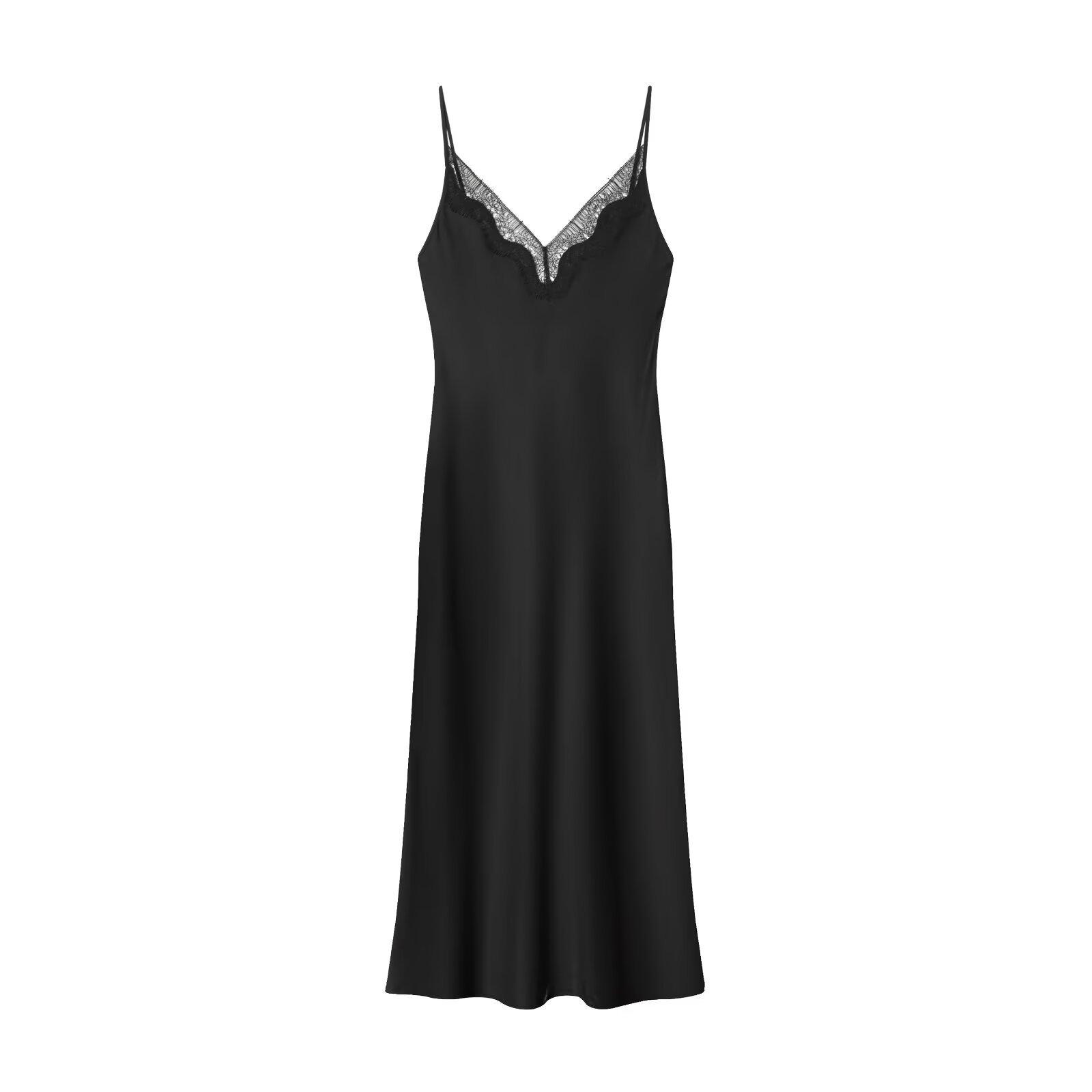 2025 Autumn European & American Style Women s Patchwork Lace V-Neck Open Back Spaghetti Strap Dress L чёрный