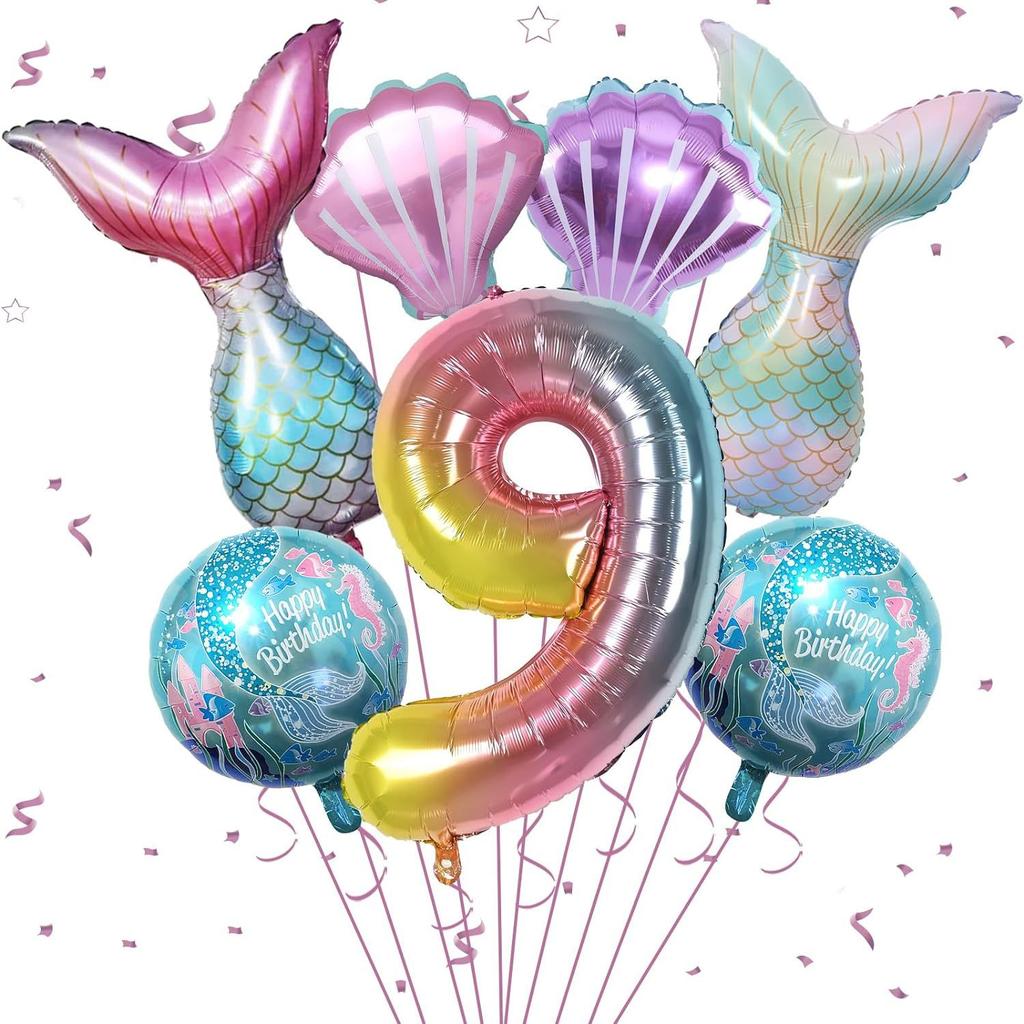 Meerjungfrauen-Mottoparty-Dekorationen Helium-Folienballons Schwanzdesigns Regenbogen-Zahlen Muschel-Akzente für Kindergeburtstag Babyparty