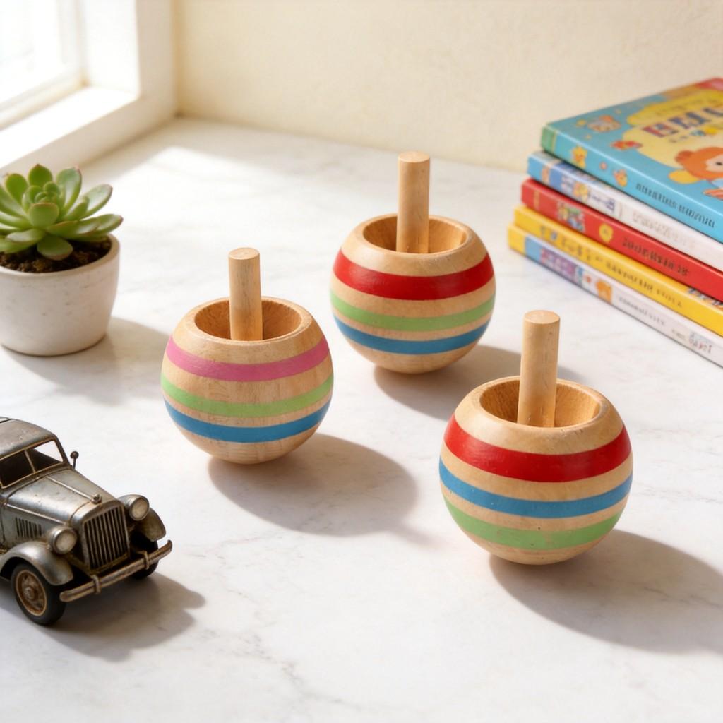 Wooden Spin Toy Set For Kids And Adults With Handoperated Rotation Fun