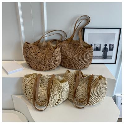 Sac d'été rond en paille pour femmes, vacances, plage, épaule, grande capacité, ajouré, simple, tote bag