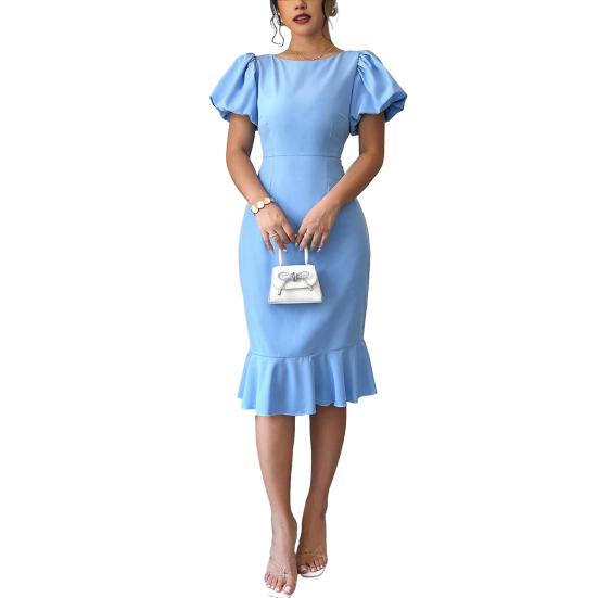Women's Short Puff Sleeve Bodycon Dresses Crew Neck Ruffle Mermaid Hem Dress Cocktail Wedding