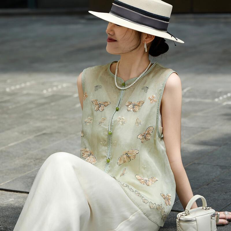 Lansere 2026 Summer New Chinese Style Silk Embroidered Beaded Vest L