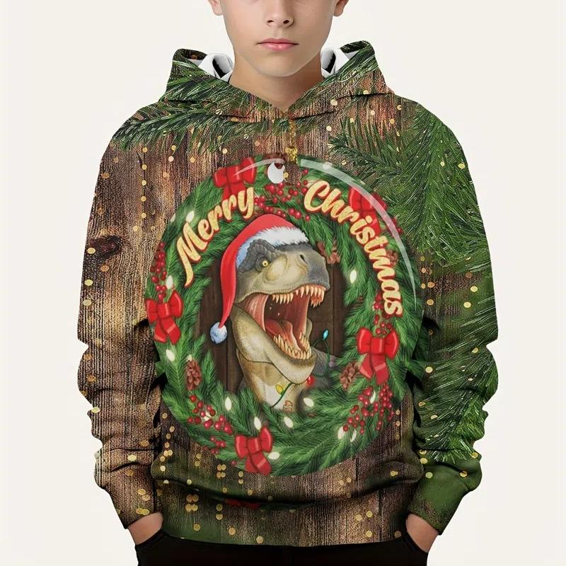 Children's Clothing Christmas Funny Santa and Tree 3D Print Boys Hoodies Casual Autumn Pullover Long Sleeve Outdoor Sweatshirt