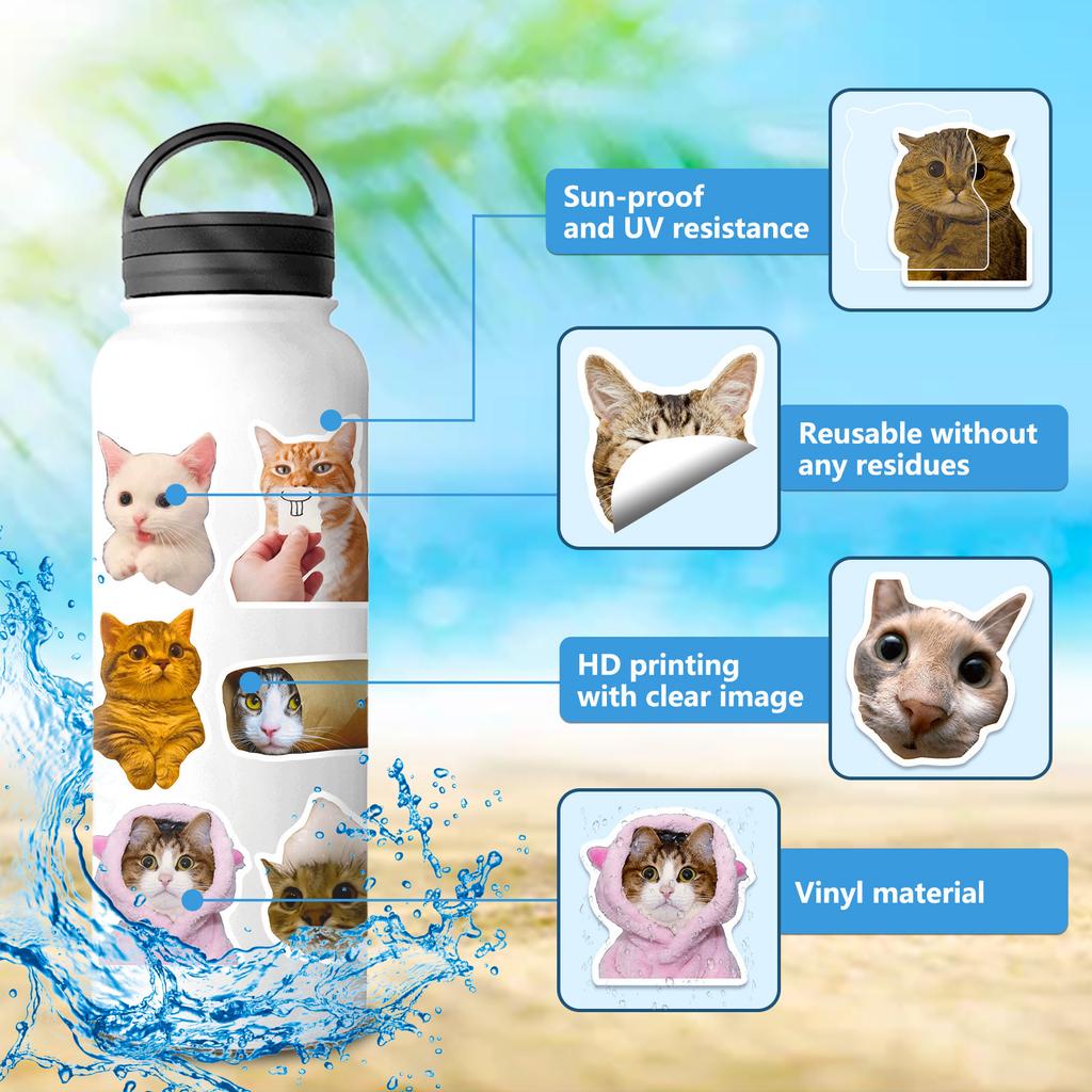 50PCS Realistic Cat Stickers, Cute Dumbfounded Expression Decals for Water Bottle, Notebook & Journal