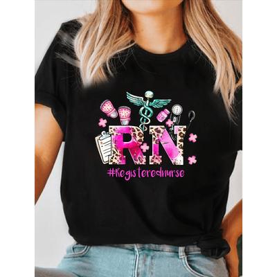 Damen Casual Kurzarm T-Shirt Krankenschwester Wertschätzung RN NurseLife Grafikdruck Hellgrau Normale Passform Rundhalsausschnitt Ganzjahres Pflegekraft Casual Oberteil