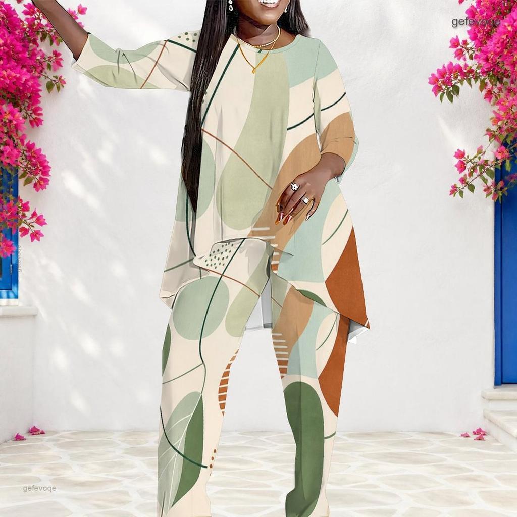 Women Plus Size Abstract Printed Two Piece Set Round Neck Long Sleeve Layered Top And Long Pants