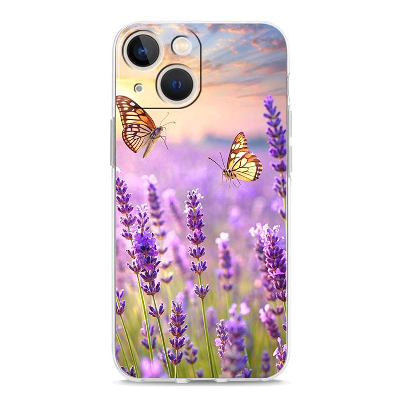 Phone Case For iPhone 16 15 14 13 12 11 Pro Max XS X XR 7 8 Plus soft Shockproof TPU Clear Cover Simple lavender Purple flowers