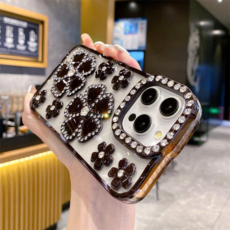 

For iPhone 14 Pro Case Rhinestone Flower Electroplating TPU Phone Cover Black